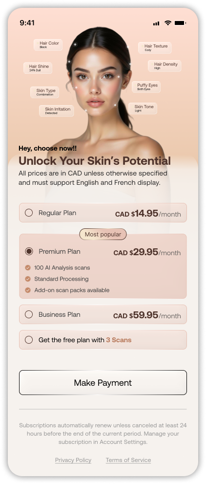 Vellaya AI subscription plans for AI skin and hair analysis features