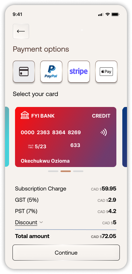 Secure in-app payment screen for Vellaya AI Premium subscription